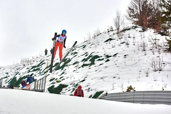 Rasnov Roemenië Maart 2018 Onbekende Schansspringer Compets Winnen Van Ladies — Stockfoto