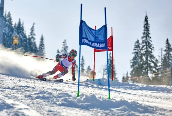 罗马尼亚 Poiana Brasov 2018年1月23日 不明身份的滑雪者参加2018年2月23日至24日的 Poiana Brasov 儿童杯 — 图库照片