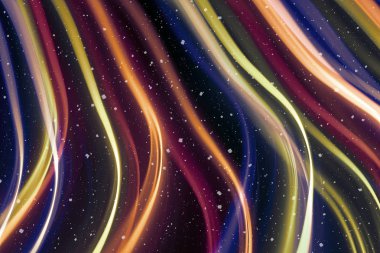 Ufuk bokeh ile arka plan ışıklar, düşen kar etkisi ile odaklanmamış arka plan üzerinde renkli bokeh soyut bulanık