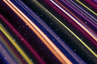 Ufuk bokeh ile arka plan ışıklar, düşen kar etkisi ile odaklanmamış arka plan üzerinde renkli bokeh soyut bulanık