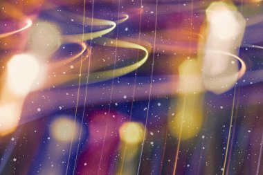 Ufuk bokeh ile arka plan ışıklar, düşen kar etkisi ile odaklanmamış arka plan üzerinde renkli bokeh soyut bulanık