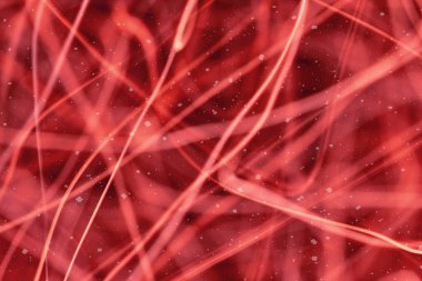 Kırmızı arka plan ile ufuk bokeh ışıklar, düşen kar etkisi ile odaklanmamış arka plan üzerinde renkli bokeh soyut bulanık