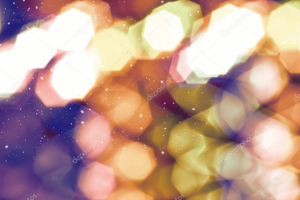 Abstract background with defocused bokeh lights, Blurred of colorful bokeh abstract on unfocused background with falling snow effect