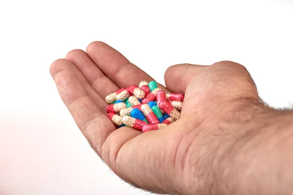 Hand Van Een Man Met Verschillende Soorten Medicatie Geneeskunde Pillen — Stockfoto