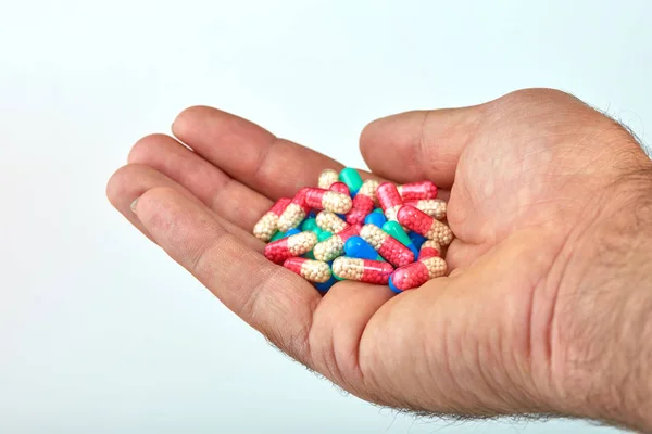 Hand Man Different Types Medication Medicine Pills Capsules Hand Palm — Stock Photo, Image