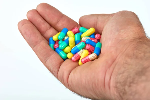 Hand Man Different Types Medication Medicine Pills Capsules Hand Palm — Stock Photo, Image