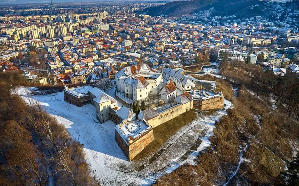 Vista Panorámica Aérea Ciudadela Guardia Invierno Ciudad Vieja Brasov Transilvania —  Fotos de Stock