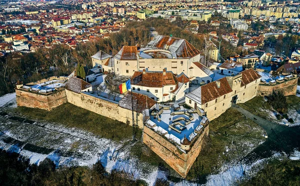 Vista Panorámica Aérea Ciudadela Guardia Invierno Ciudad Vieja Brasov Transilvania —  Fotos de Stock
