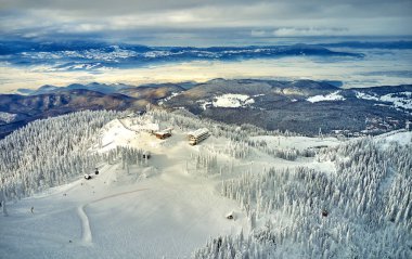 Hava üzerinde Karpatlar dağlarda muhteşem kayak pistleri, Panoramic görünümü üzerinde kayak pisti Poiana Brasov kayak merkezi Transilvanya, Romanya, Avrupa'da kış sezon karla kaplı çam ormanı