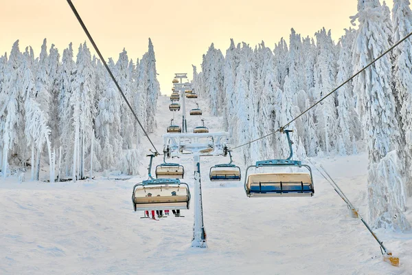 Poiana Brasov Kayak Merkezi Kayakçılar Snowboard Düşkünleri Asansörde Sandalye Tadını — Stok fotoğraf