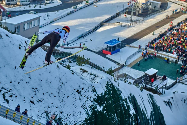 Rasnov Romênia Janeiro 2019 Salta Esqui Desconhecido Compete Copa Mundo — Fotografia de Stock