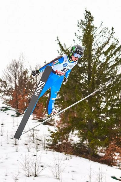 Rasnov Rumunia Marca 2018 Nieznany Skoczek Narciarski Compets Wygrał Turniej — Zdjęcie stockowe