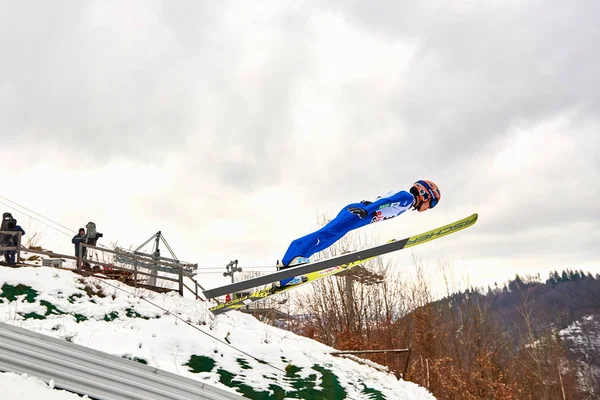 Rasnov Roemenië Maart 2018 Onbekende Schansspringer Compets Winnen Van Ladies — Stockfoto