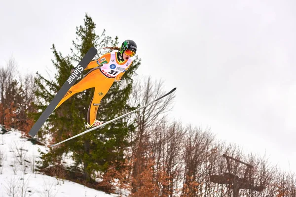 Rasnov Rumänien März 2018 Unbekannter Skispringer Kämpft Sieg Beim Damen — Stockfoto