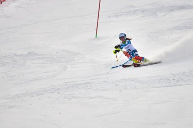 BRASOV, ROMANIA -13 February 2018: Young competitors in Romania Teleferic CUP Junior alpine Ski 2 edition in Poiana Brasov, Romania