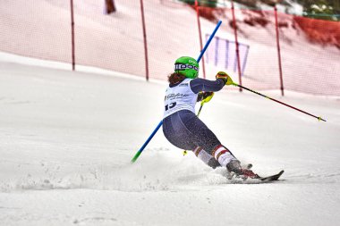 BRASOV, ROMANIA -13 February 2018: Young competitors in Romania Teleferic CUP Junior alpine Ski 2 edition in Poiana Brasov, Romania