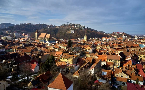 Panoramic View Old Town Winter Time Aerial Cityscape Brasov City — Stock Photo, Image