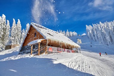 Poiana Brasov, Romanya -16 Ocak 2019: ahşap chalets ve kış sezonu üzerinde karla kaplı orman çam muhteşem Kayak pistleri Karpatlar, Poiana Brasov, Transilvanya, Romanya, Avrupa,