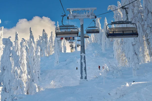 Poiana Brasov Kayak Merkezi Kayakçılar Snowboard Düşkünleri Asansörde Sandalye Tadını — Stok fotoğraf