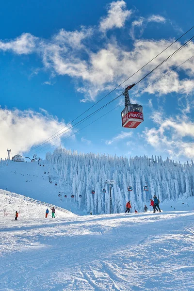 ポイアナ ブラショフ ルーマニア 2019 赤ケーブルカー スキー リゾートでスキーを楽しむスキーヤーとスノーボーダー雪 ポイアナ ブラショフ ルーマニアに覆われた斜面の冬リゾートの聖霊降臨祭の森 — ストック写真