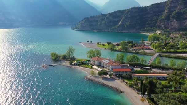 Aerial Video Drone View Beautiful Riva Del Garda Town Lake — Stock Video
