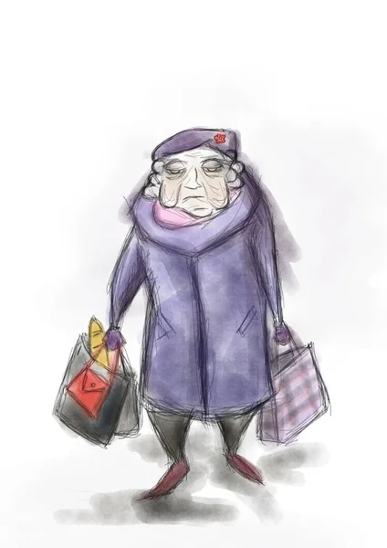 character of an old woman with shopping