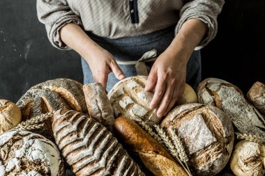 Fırın ekmek Üreticileri - altın rustik huysuz somun ekmek ve durak üzerinde maruz buns. Pazarlamacı (dükkanı asistanı) içinde belgili tanımlık geçmiş.