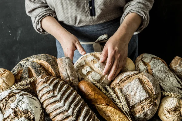 Fırın ekmek Üreticileri - altın rustik huysuz somun ekmek ve durak üzerinde maruz buns. Pazarlamacı (dükkanı asistanı) içinde belgili tanımlık geçmiş.