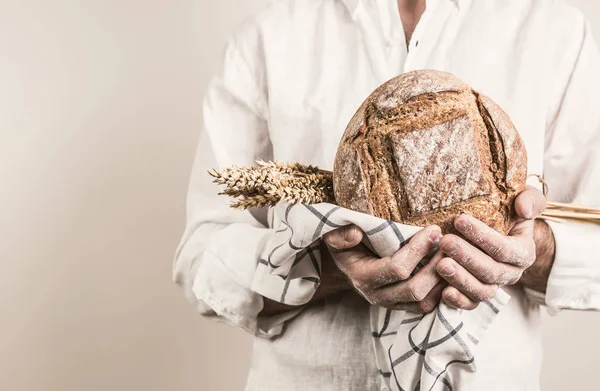 Rustic Crusty Loaf Bread Wheat Strong Baker Man Hands Closeup — Stock Photo, Image