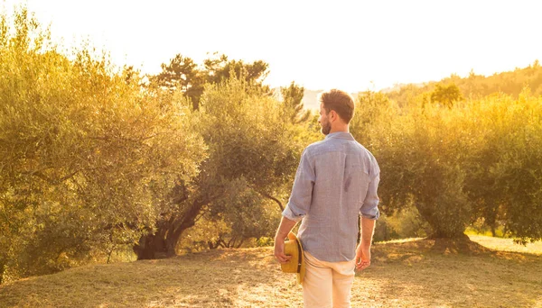 Caucasian Farmer Gardener Standing Proud Front Olive Grove Agriculture Gardening — Stock Photo, Image