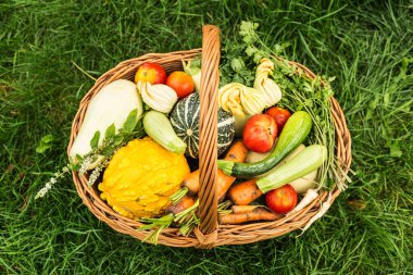 Yeşil çimlerin üzerinde hasır sepette renkli sebzeler