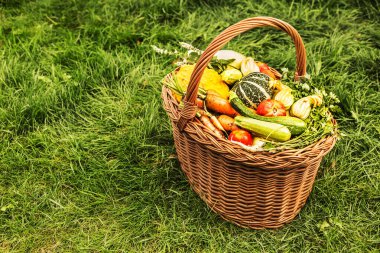 Yeşil çimlerin üzerinde hasır sepette renkli sebzeler