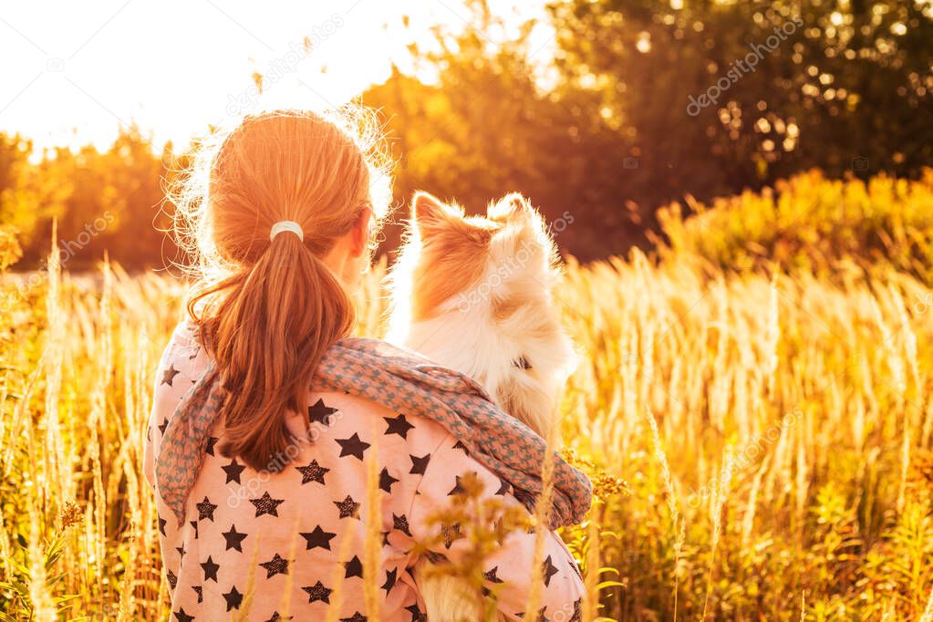 Child girl with pomeranian (spitz) dog outdoor on the meadow