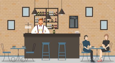 Kafe ya da bar çatı katı tarzında iç. Sayaç, barmen şampanya, güzel kadınların gözlüklü mavi gömlek ve raflar şişe alkol ile Bar. Menü ve fotoğraflar ile yönetim kurulu. Vektör çizim