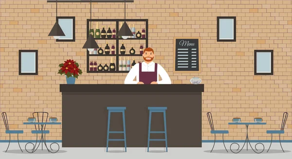Intérieur Café Bar Style Loft Comptoir Bar Barman Chemise Blanche — Image vectorielle