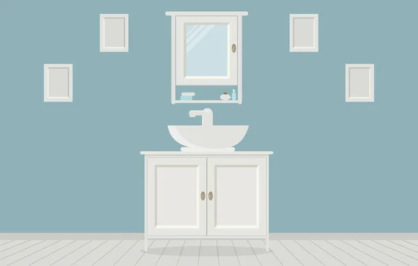プロヴァンス風バスルーム洗面台 ワードローブ 壁に絵画 床に軽い灰色の木製の板 ベクトル図 — ストックベクタ