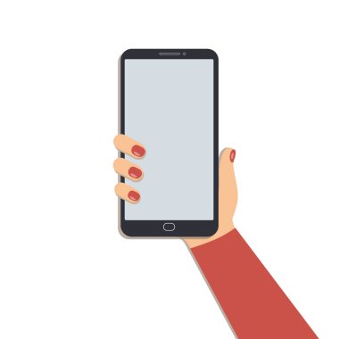 Bir cep telefonu kullanarak kavramı. Sevimli kadın el manikür beyaz arka plan üzerinde izole smartphone holding ile. Vektör çizim