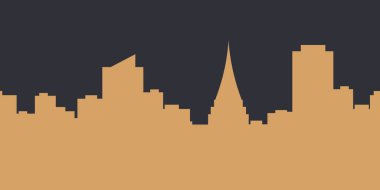 Megalopolis background.Seamless border with cute urban cityscape in sand color : silhouettes of modern houses, buildings and Church or Cathedral on the navy background. Vector illustration