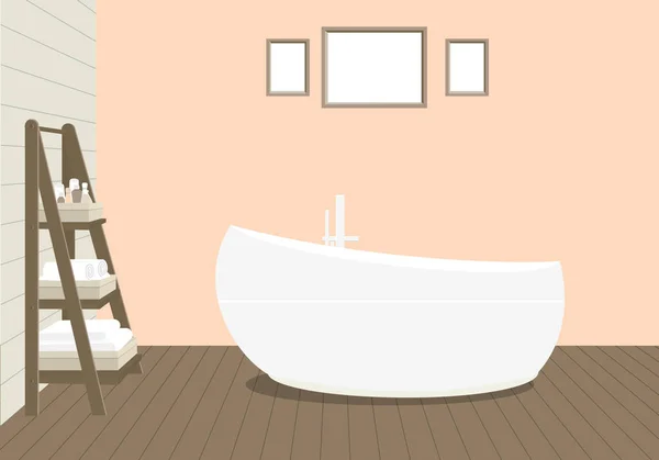 ファッショナブルなお風呂 タオル 化粧品 絵画の壁のラックとプロバンス スタイルのバスルーム 床と光桃の壁に木製の板 ベクトル図 — ストックベクタ
