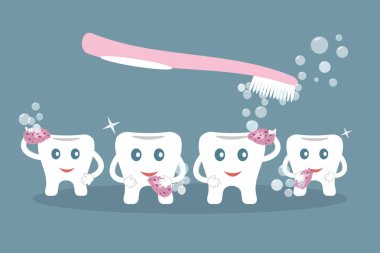 Diş fırçalama mizahi kavramı. Sevimli çizgi stili diş mor süngerler, sabun köpüğü ve mavi arka plan üzerinde pembe diş fırçası ile yıkayın. Diş hizmetleri reklam için idealdir. Vektör çizim