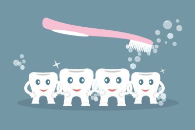 Diş fırçalama mizahi kavramı. Sevimli çizgi stili diş tarafından bir özel kuvvetler üzerinde mavi bir arka plan olarak el ele tutuşarak pembe diş fırçası yıkama. Diş hizmetleri reklam için idealdir. Vektör çizim