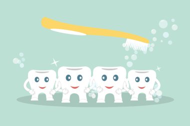 Diş fırçalama mizahi kavramı. Sevimli çizgi stili diş tarafından bir özel kuvvetler üzerinde mavi bir arka plan olarak el ele tutuşarak sarı diş fırçası yıkama. Diş hizmetleri reklam için idealdir. Vektör çizim