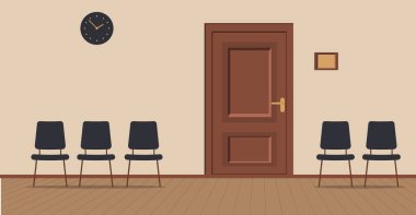 Office koridor krem bir arka plan üzerinde: sandalye ve zemin ahşap kurullarında olan ziyaretçiler için bekleme yeri. Kabine duvar, Donanma duvar saati üzerinde bir işareti olan kapıya. Vektör çizim