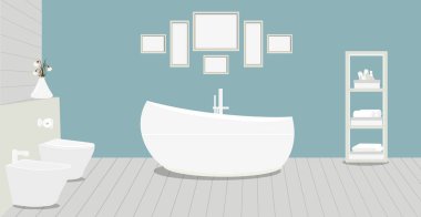 Şık banyo, tuvalet, bide, tuvalet kağıdı, kardelen ile vazo, bir raf havlu ve kozmetik, mavi duvar üzerine çalışmalar için Provencal tarzı banyo. Yerdeki ahşap plakalar. Vektör çizim