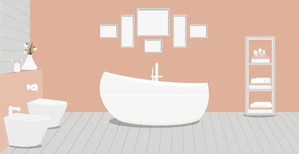 普罗旺斯风格的浴室配时尚的浴缸 卫生纸 雪滴花瓶 毛巾和化妆品的机架 兵马俑墙上的绘画 地板上的木板 向量例证 — 图库矢量图片