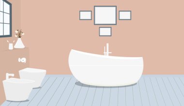 Şık banyo, tuvalet, bide, tuvalet kağıdı, kardelen, bir pencere, soluk pembe duvar resimleri ile vazo Provencal tarzı banyo. Ahşap plakalar katta. Vektör çizim