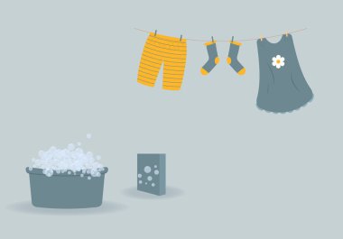 Yıkama: yıkanmış bebek giysileri sevimli Capri pantolon, çorap ve clothesline üzerinde asılı elbise ve onlar tarafından clothespins bağlıdırlar. Sabun köpüğü ve paketi, toz yıkama ile mavi lavabo. Vektör çizim