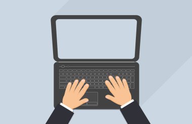 Konsept: klavyede yazarak bir adam. Yakın çekim siyah laptop ve mens eller üstünde belgili tanımlık klavye. Kollu beyaz gömlek ve koyu mavi takım. Üstten görünüm. Vektör çizim