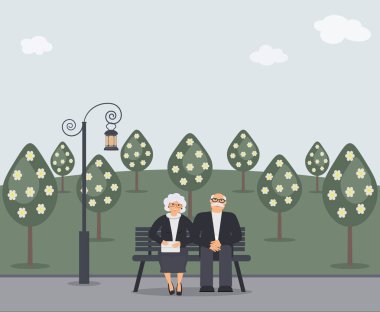 Mutlu aile büyükler: sevimli gülümseyen yaşlı adam ve kadın debriyaj çanta ile parkta bankta oturuyor. Emekli yaşlı çift aşık. Ağaçlar, manzara ve eski fener. Vektör düz çizim