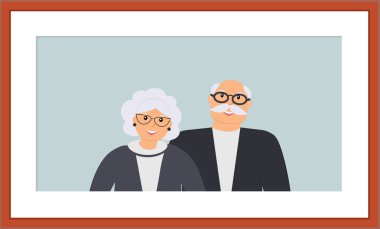 Mutlu aile yaşlılar portre: sevimli yaşlı erkek ve kadın üzerinde açık mavi renkli ahşap kahverengi çerçeve içinde gülümseyen. Emekli yaşlı çift aşık. Vektör düz çizim